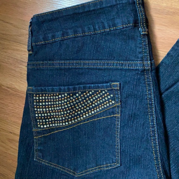 Bill Blass dark wash stretch boot cut jean with perfect rhinestone and studs, 8 - Picture 3 of 8
